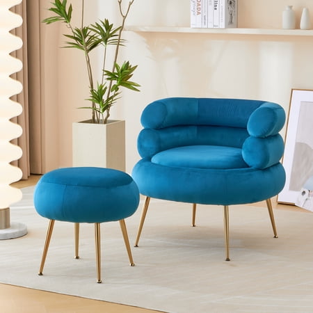 Royard Oaktree Velvet Accent Chair with Ottoman Upholstered Round Back Leisure Chairs with Gold Metal Legs Modern Boucle Chair and Footrest Set Single Sofa Chair for Living Room Bedroom Office, Blue