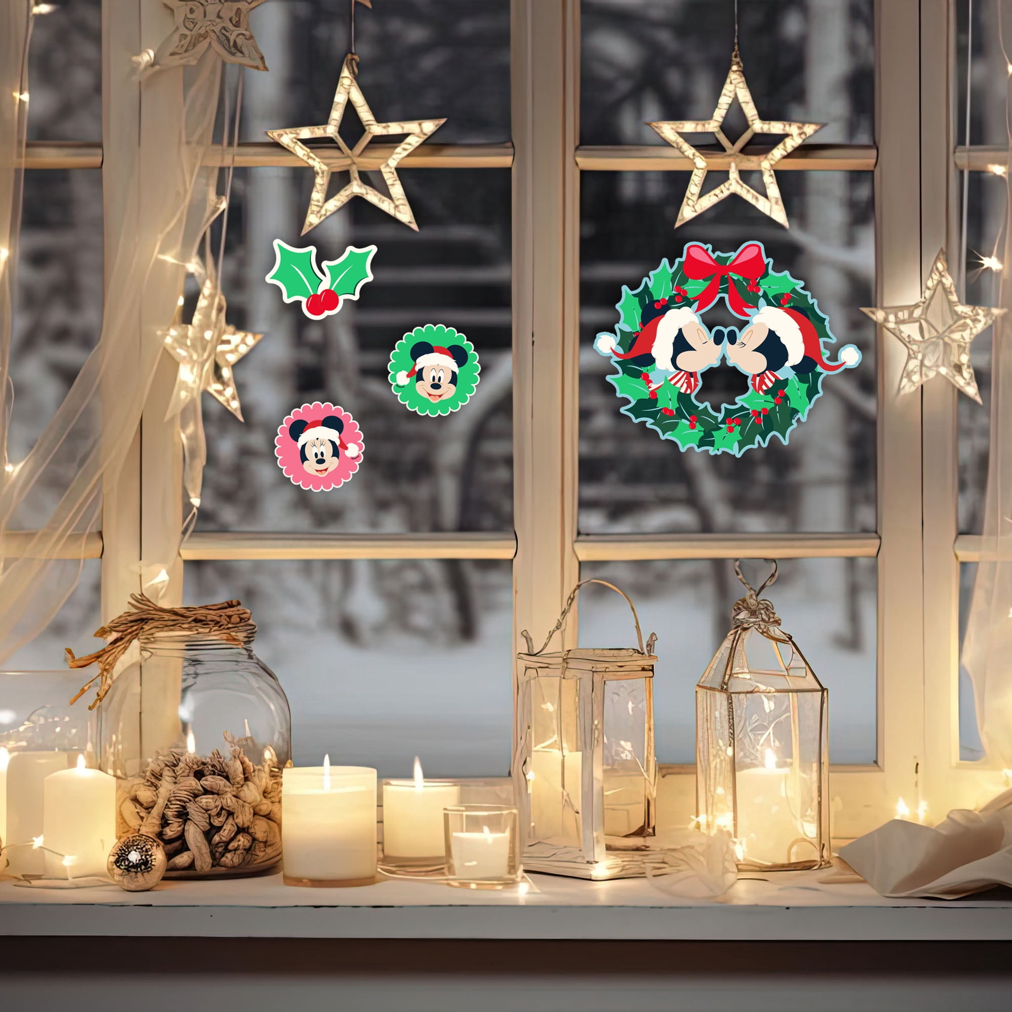 Disney Mickey & Minnie Christmas Window Clings, 4‑Piece Holiday Window Decorations – Festive Wreath & Holiday Icons