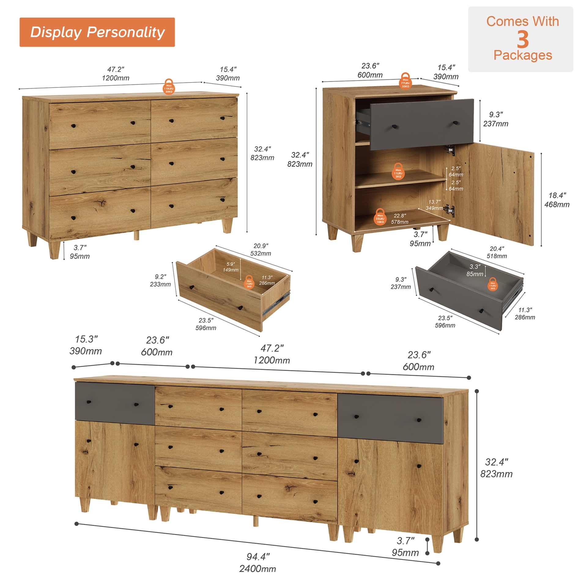 WAMPAT Modern Bedroom Furniture Set, Wooden Queen Size Canopy Bed Frame, 3-in-1 Spacious Dresser with 2 Storage Cabinets and 8 Drawers, Oak Brown