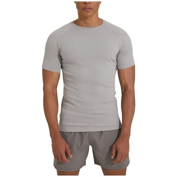 Tops de Manga Corta de Cuello Alto para las Mujeres Inserto de Hombro de Color Sólido Pullover Deportivo de Alta Elasticidad con Costillas Top de Cuello Redondo