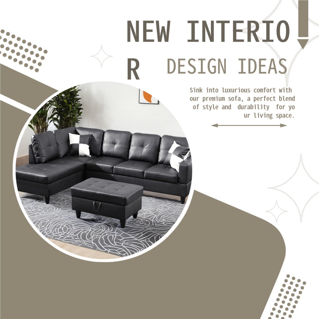 Homeora 3-Piece Piece Couch Living Room,Faux Leather Sofa Set,Faux Leather Sofa Set,L-Shaped Sectional Sofa,Right Facing Chaise Couch Living Room,Black