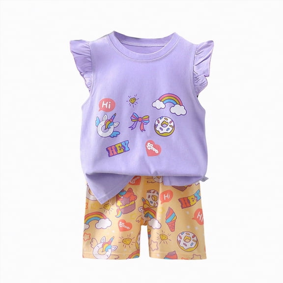 TOWED22 Baby Girl Summer Clothes Toddler Outfit Letters Crewneck T-Shirt Shirts Tee Tops Patched Shorts Set(Purple,3-4 Y)