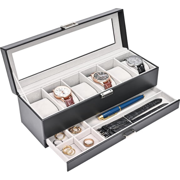 ProCase Watch Box Organizer for Men, 6 Slot Watch Display Case with Drawer, Valentines Gift Mens Watch Holder Watch Case for Men, 6 Watch Box 2-layer Jewelry and Watch Storage Case -Black