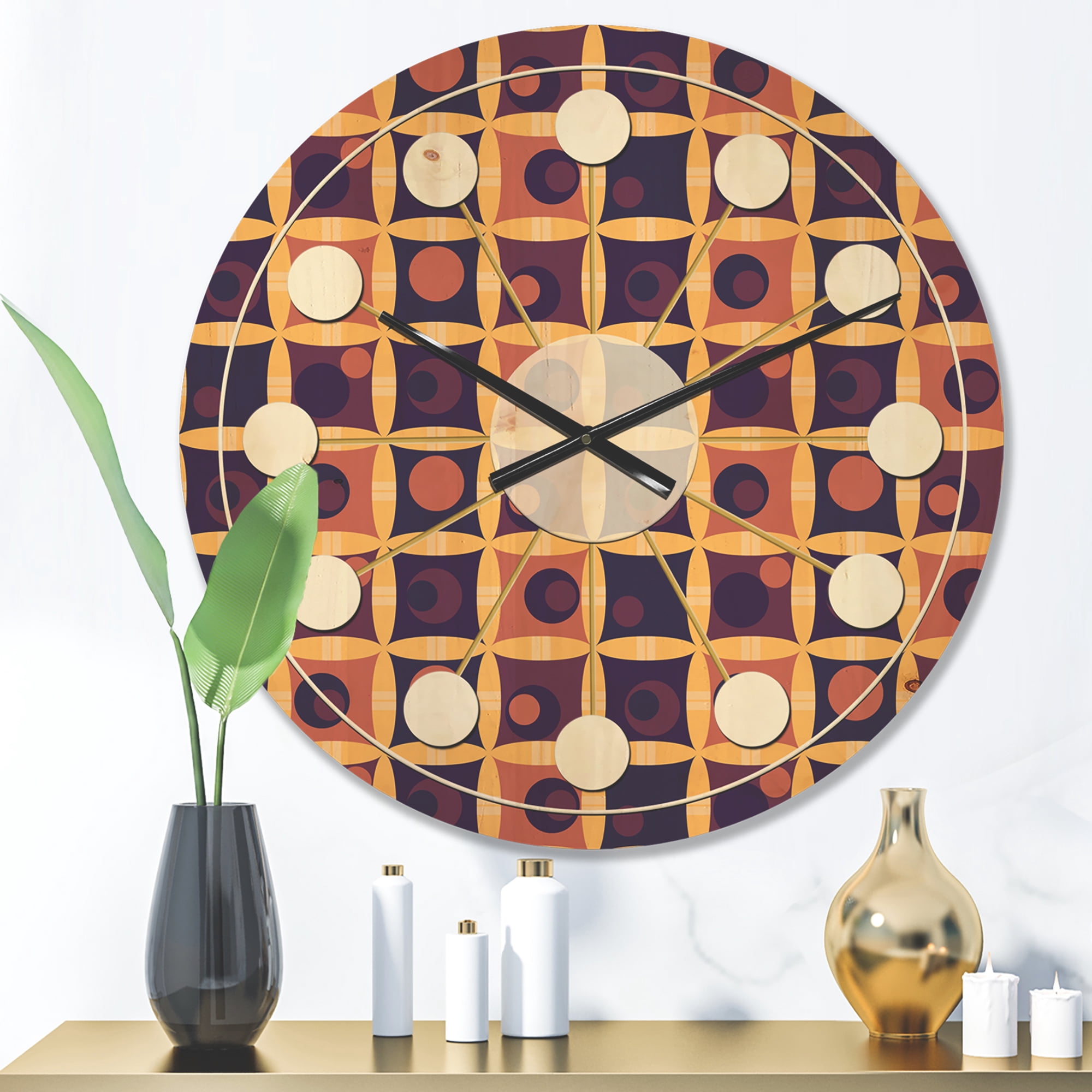 Designart 'Grid in Orange Retro' Mid-Century Modern Wood Wall Clock