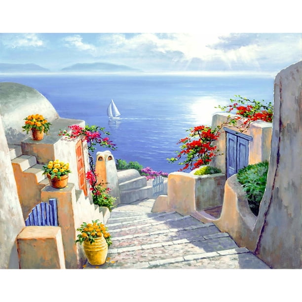 Hilo algodón ecológico bordado 11CT impresión 3 hebras 46x36cm kit serie paisaje punto cruz Santorini SZX-C51