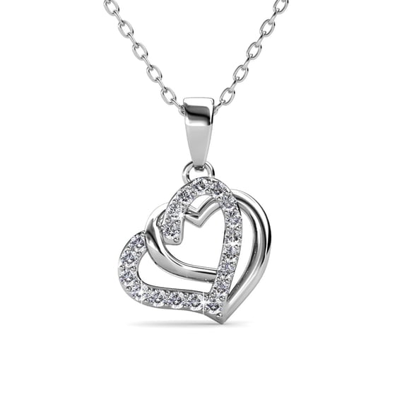 Cate & Chloe Angela 18k White Gold Plated Double Heart Necklace with Swarovski Crystals for Women