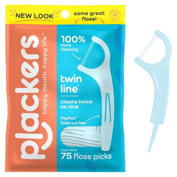 Plackers Twin-Line Advanced Cleaning Dental Flossers, Mint Flavor - 75 Ea