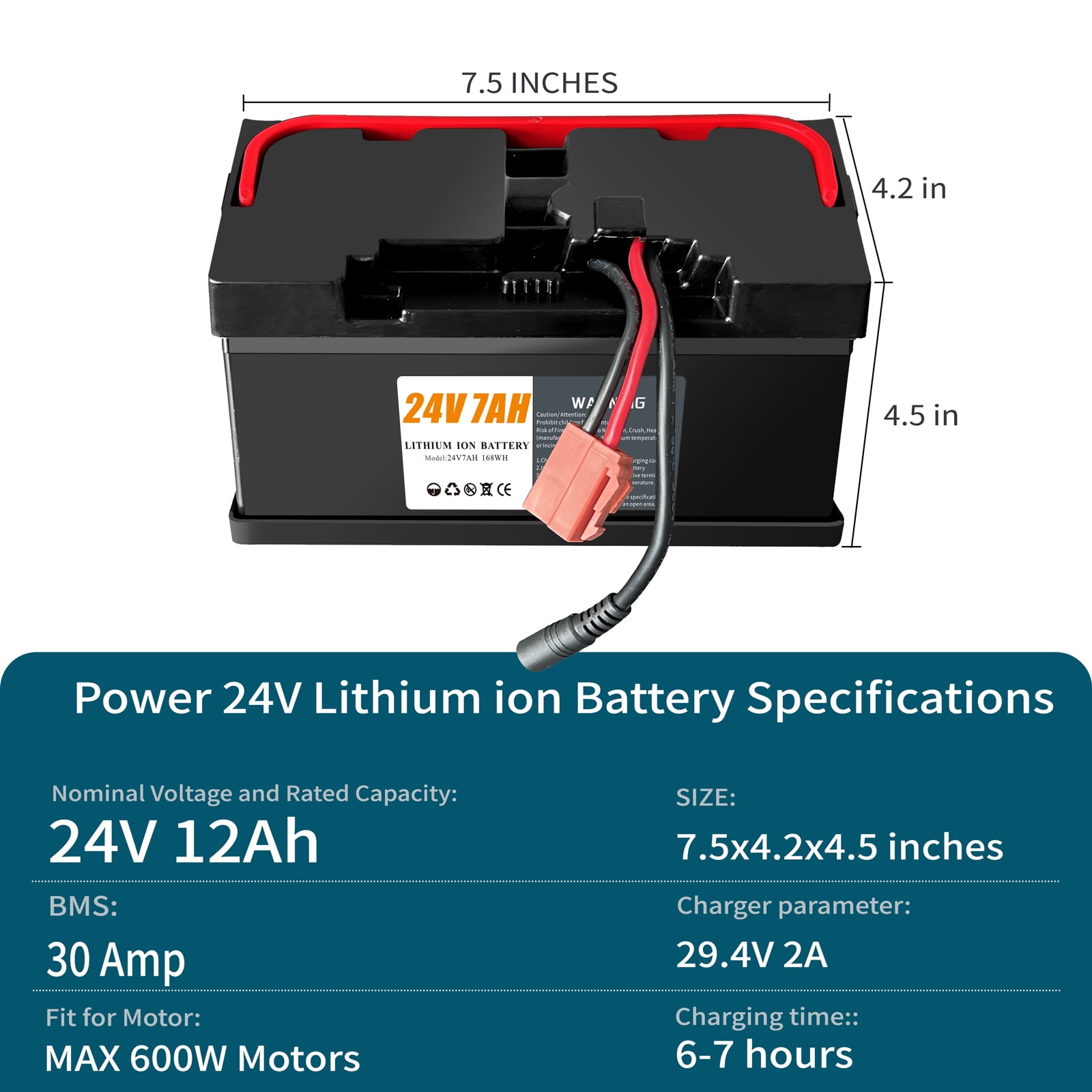 24V 7Ah Lithium battery for 24V UTVs Ride- On Cars & Toys , Lightweight & Long-Lasting, with 2A Fast Charger