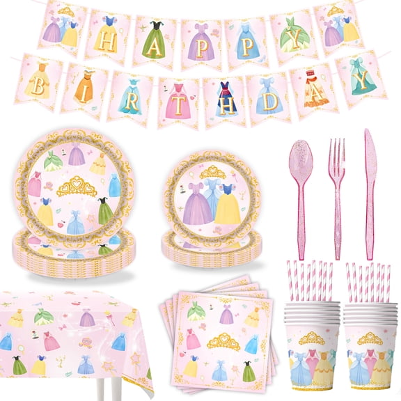 162 Pcs Princess Dress Themed Birthday Decorations Pink Party Supplies Disposable Dinnerware Set, Princess Paper Plates, Napkins, Cups, Cutlery, Banner, Tablecloth, Serve 20 Guests
