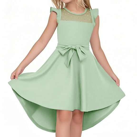 TEAJOPSUU Girls Dress Summer formal Party Wedding Ruffle Sleeve Mesh A Line Casual Dresses Belted Dress with Pockets 5-14 Years Green