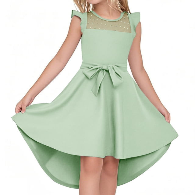Zpanxa Chemises pour Filles Robe d'Été Manches à Volants en Maille Ligne A Robe Décontractée de Fête Robe Ceinturée avec Polyester Spandex 11 Ans