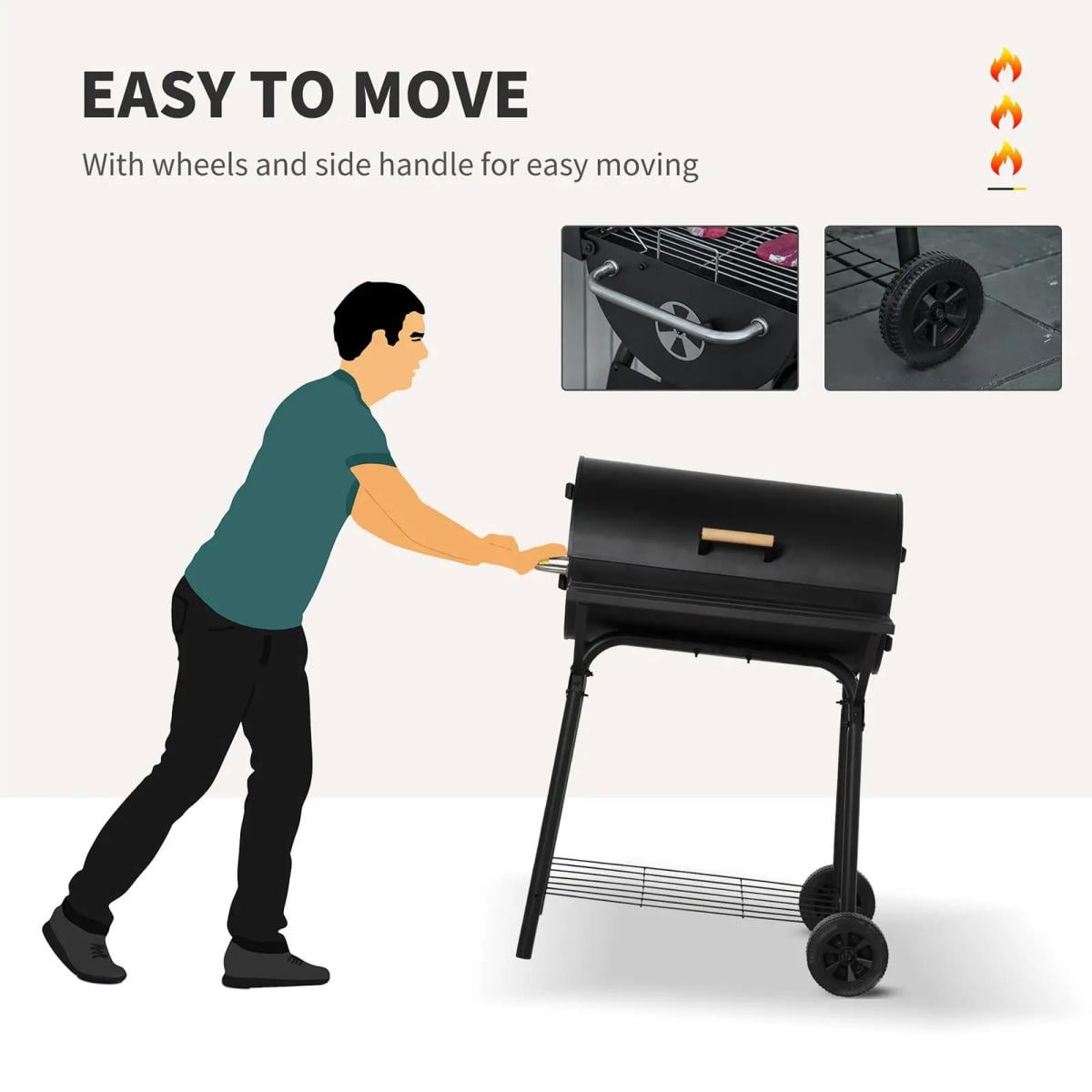 30 Inch Portable Charcoal Barbecue Grill with Wheels 2 Level Cooking Grates Adjustable Charcoal Tray and Storage Shelves for Outdoor Camping Patio Backyard