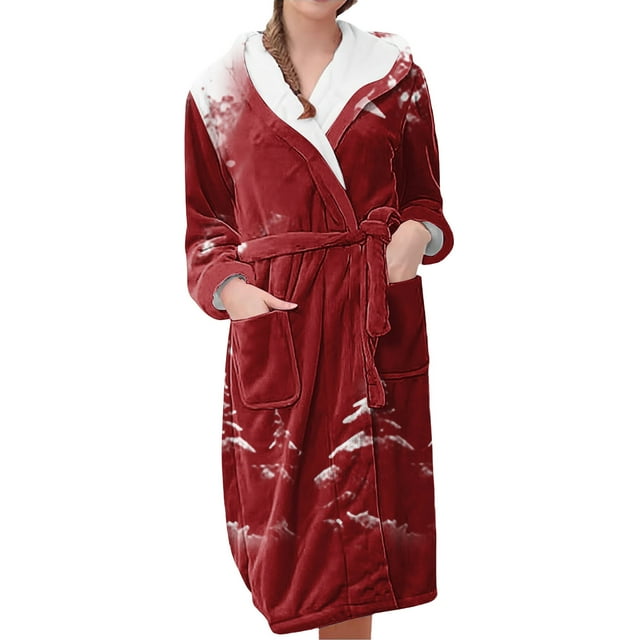 Women's Fleece Plush Robe Long Warm Plush Bathrobe Loungewear Jacket Printed Comfort Robe