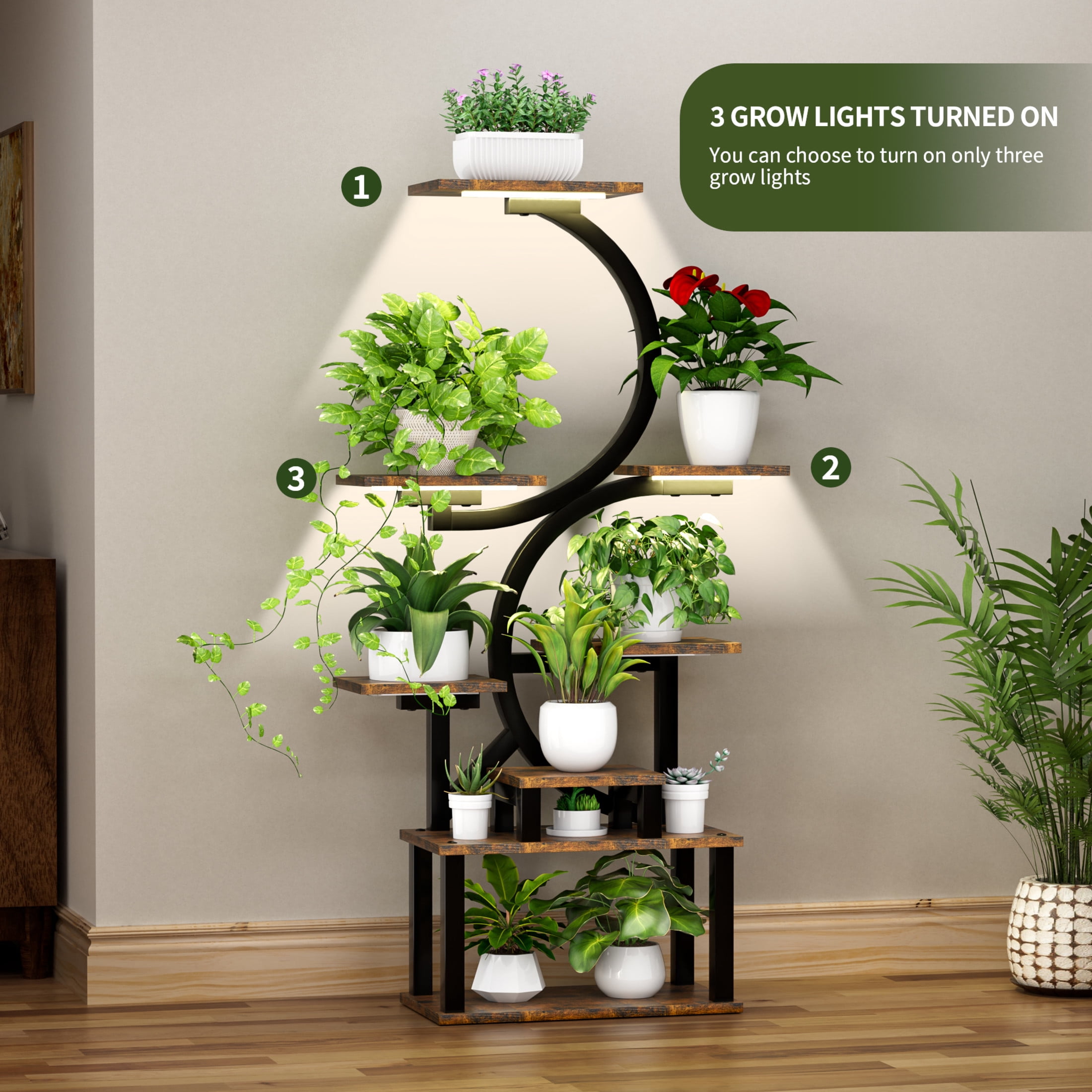 Noble House 62" 8-Tier S-Shaped Indoor Plant Stand, Wood Multi-Plant Display Rack with 5 Grow Lights, Rustic Brown