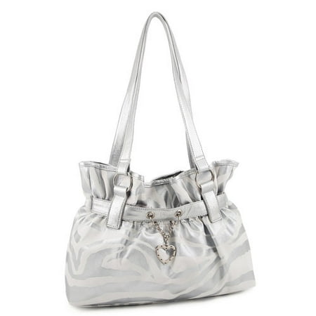Belted Tote Bag with Charm, Silver Zebra