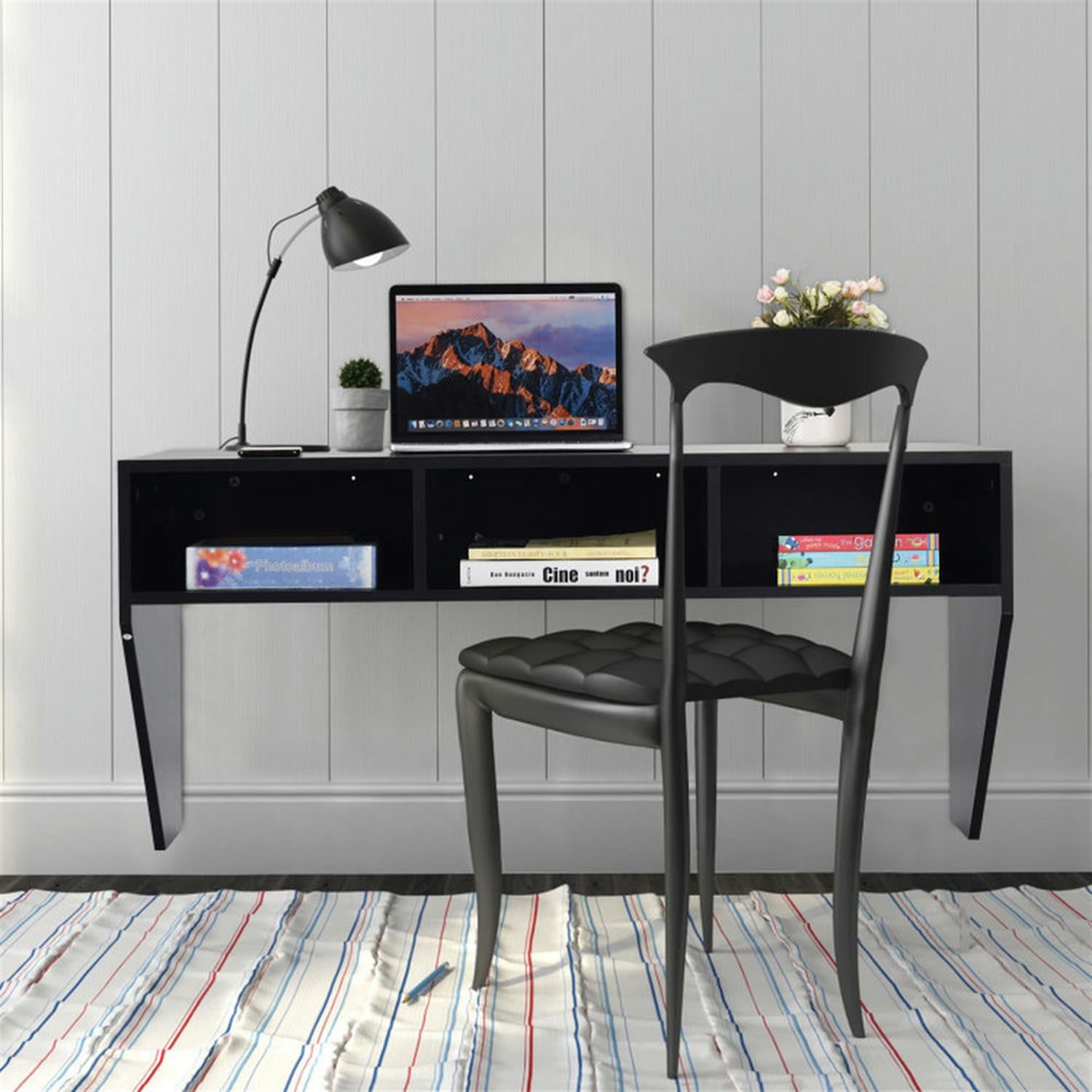 Demi Bonn Wall Mounted Floating Sturdy Computer Table with Storage Shelf, Laptop Workstation for Laptops, Books, Tablets, and Art, Black