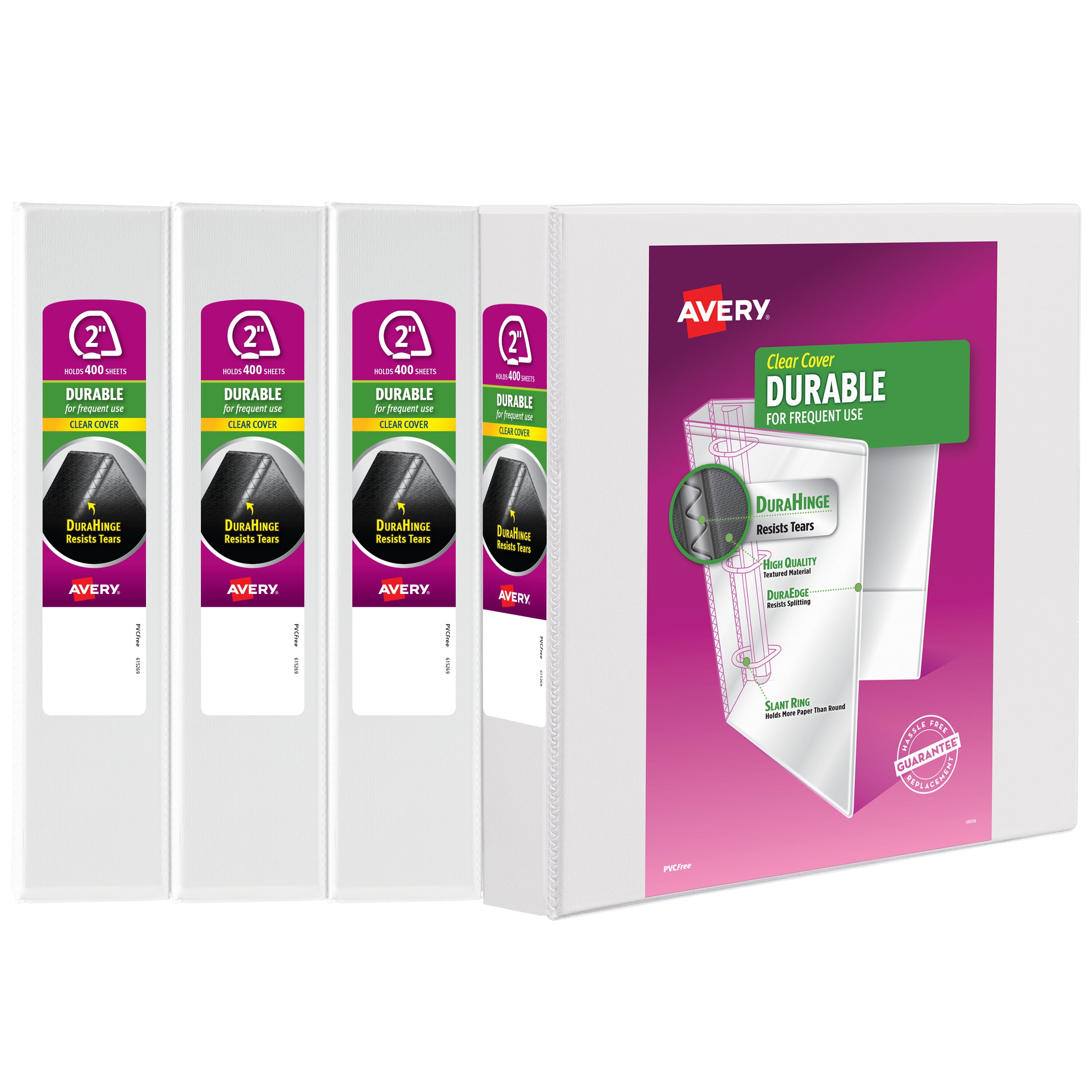 Avery Durable Clear View 3 Ring Binders, 2 Inch EZD Rings, 4Pack of White Binders (79925