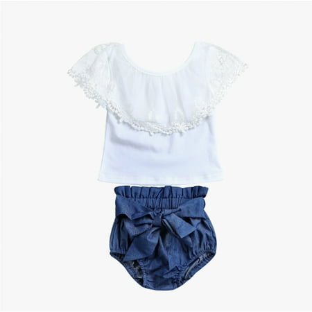 

Baby Girls Two-Piece Outfits Doll Collar Solid Color Top Clothes Bow Knot Short Trousers