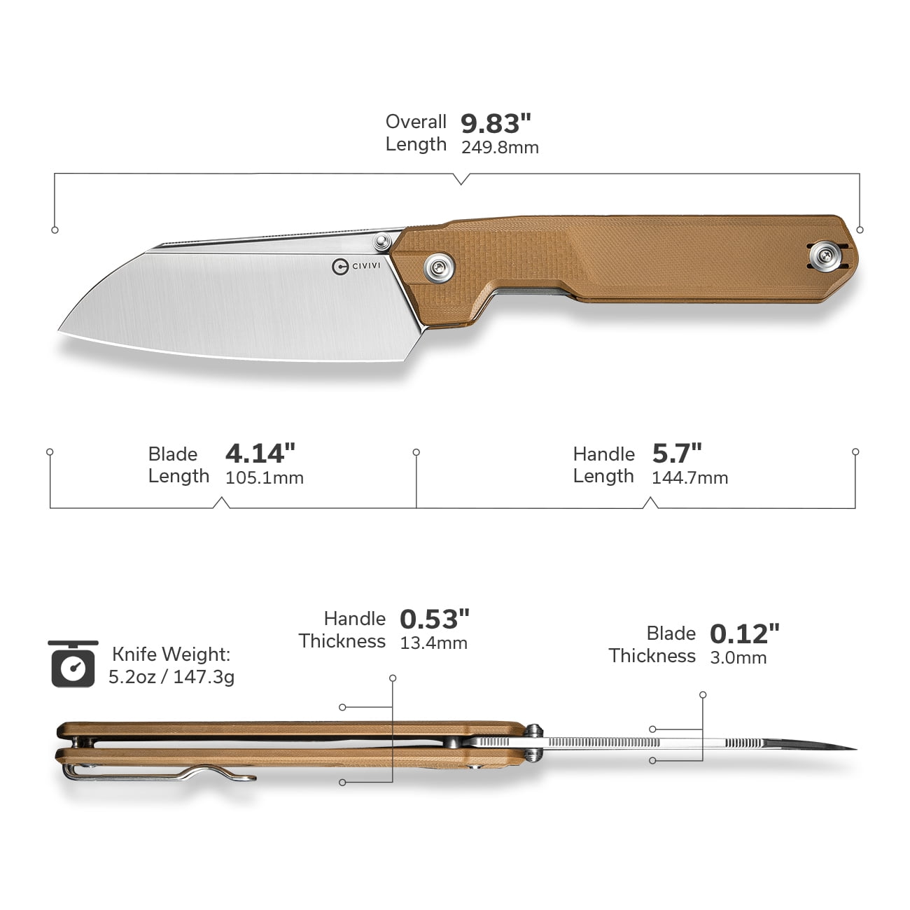 CIVIVI Hid Folding Pocket Knife 4.14" 14C28N Blade Brown G10 Handle Kitchen Knife with Thumb Stud Opener C23008-3