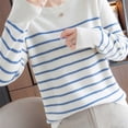 thumbnail image 6 of thefmos Women's Round Neck Striped Knit Sweater Long Sleeve Solid Color Casual Pullover Fashion Fall Winter Outfit, Blue L, 6 of 6