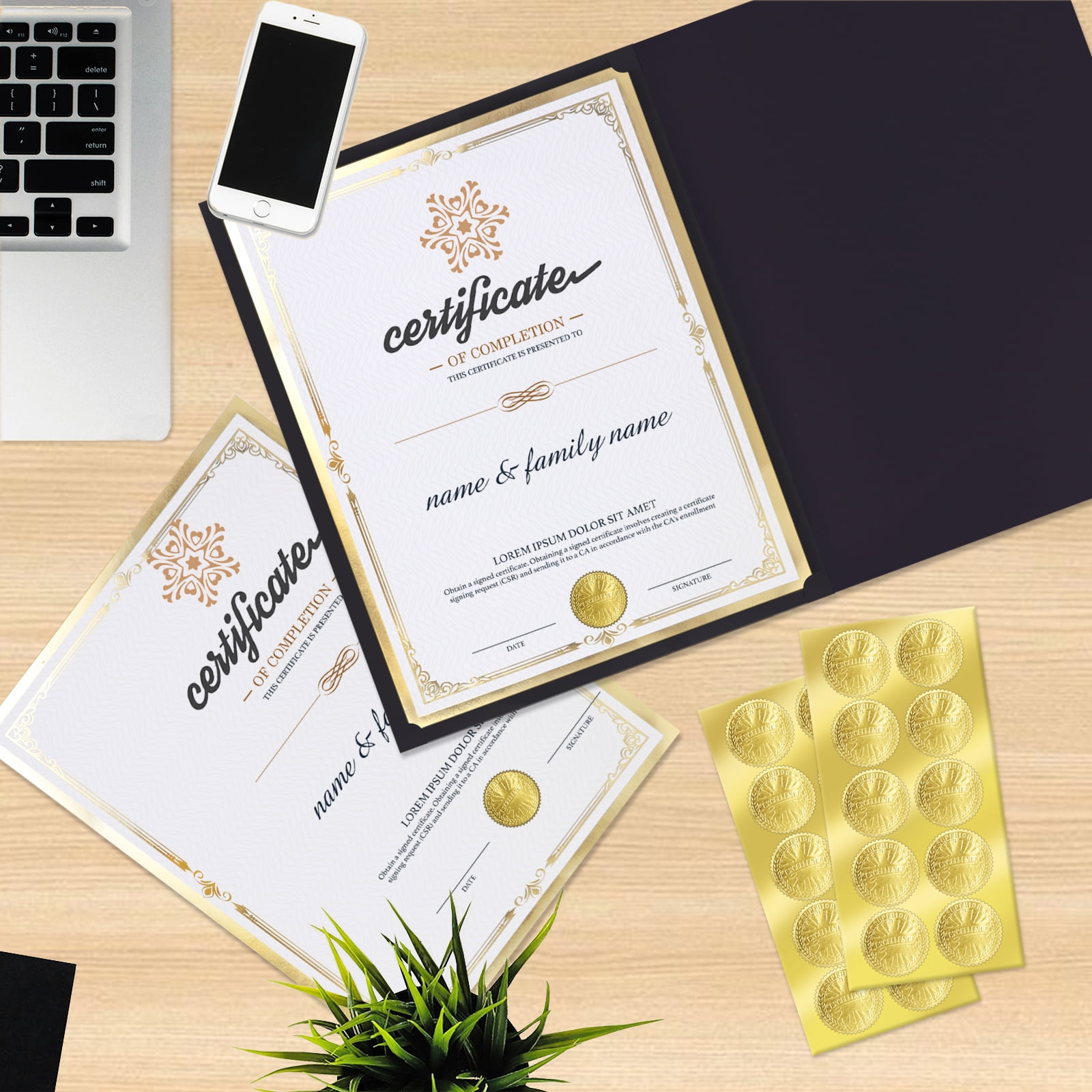 75 Pcs Certificate Paper Kit, 25 Gold foil Border Award Certificate Holders & 25 pcs 8.5x11 Inches Certificate Paper & 25 Certificate Seals Stickers for Graduation Diploma, Award Accomplishment.