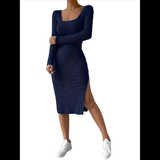 Vestido de Otoño para Mujer, Larga, Cuello Cuadrado, Tejido, Midi, para Playa, Resort, con Abertura, Maxivestido Ajustado. Azul Real M