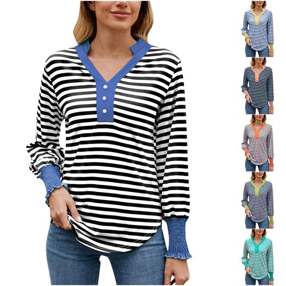 Antinious Womens Button Down Shirts Long Sleeve Dressy Casual V-Neck Color Stripe Tops,Fall Winter Going Out Tops for Women,Sweatshirt for Women,Black,M