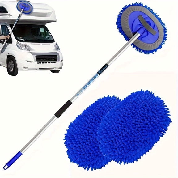 GreatCool 62" Car Wash Brush Kit Mitt Mop Sponge with Long Handle Chenille Microfiber Car Cleaning Brush Kit Supplies Car Wash Mop Kit Car Care of Scratch-Free Replacement Head for Car RV Truck(blue)