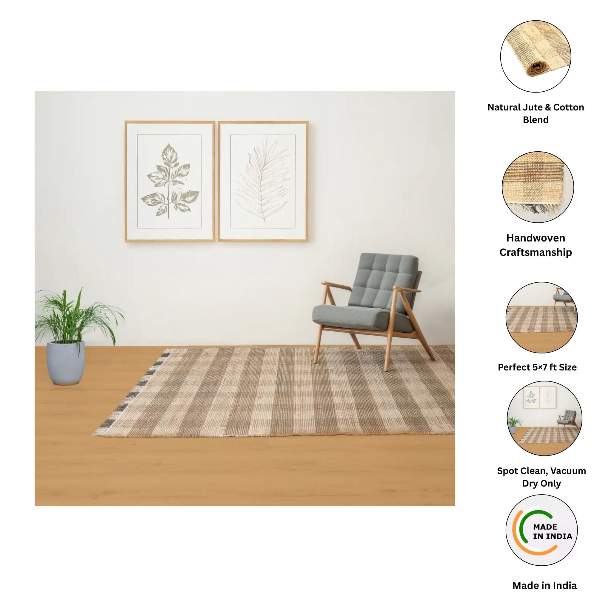 Expobazaar Artisan Hand Woven Jute & Cotton Grey Plaid Rug | 5X7 ft | Eco-Friendly | Modern Home Décor | Comfortable & Stylish