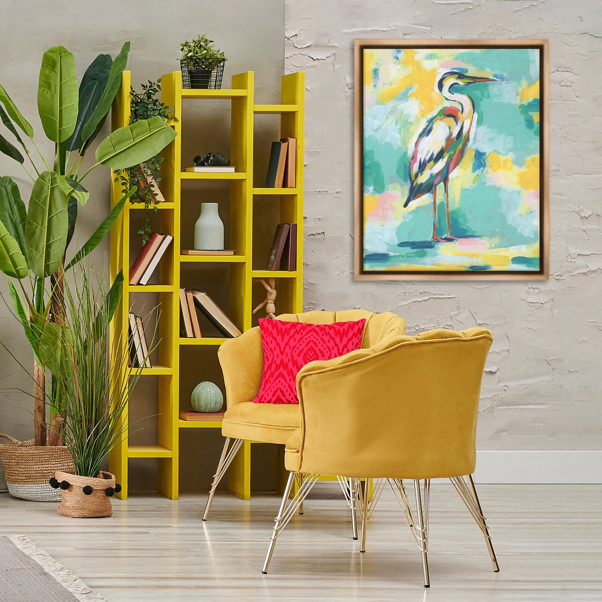 Stupell Industries Yellow & Blue Heron Animals Painting Brown Floater Framed Canvas Art Print Wall Art, 25 x 31