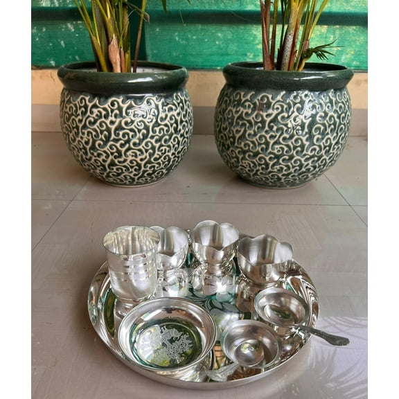 German silver dinner thali set with flower bowls for gift/ home