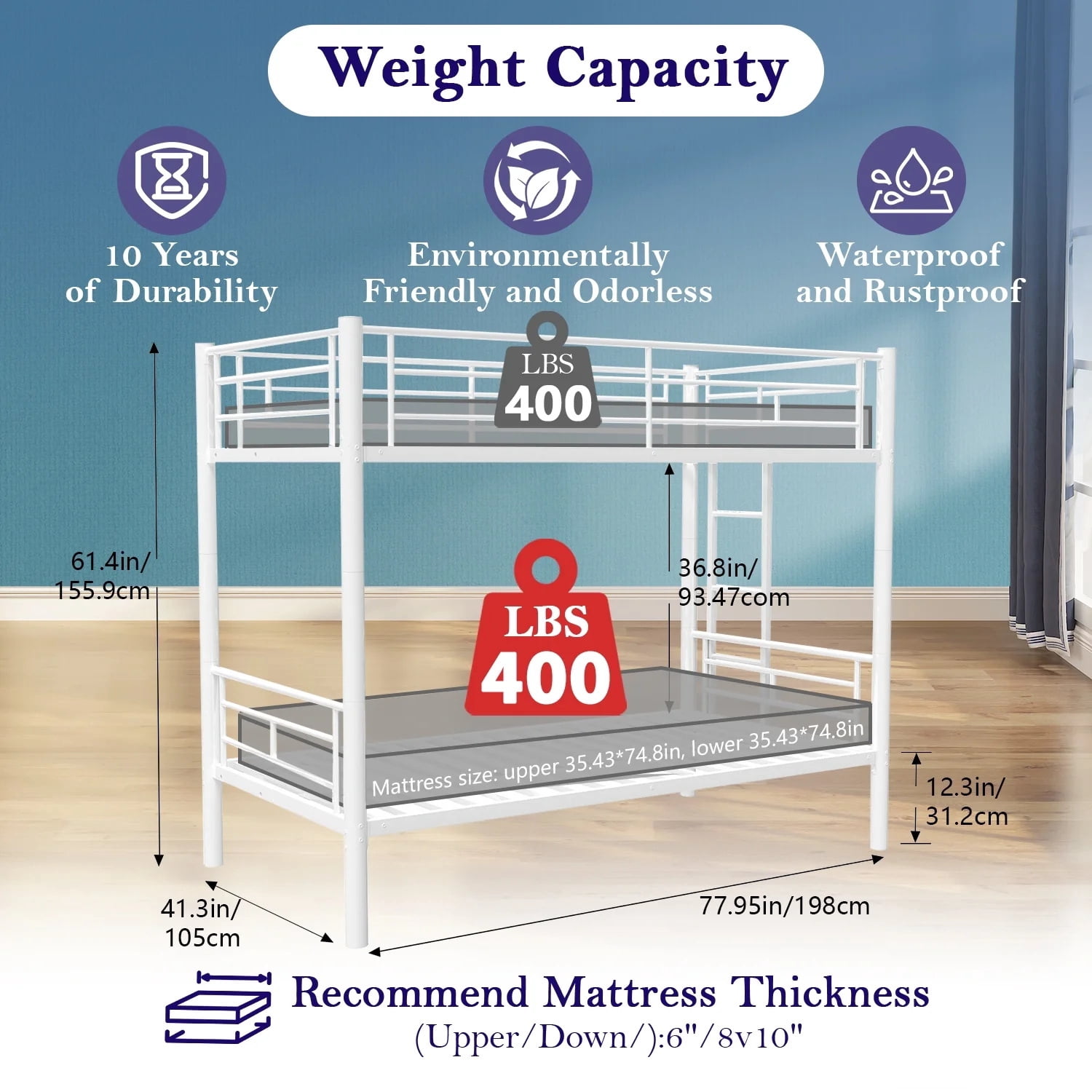 Alvantor Twin over Twin Bunk Beds for Kids Teens, Convertible 2 Beds, Easy Assembly, Load-Bearing 350lb White