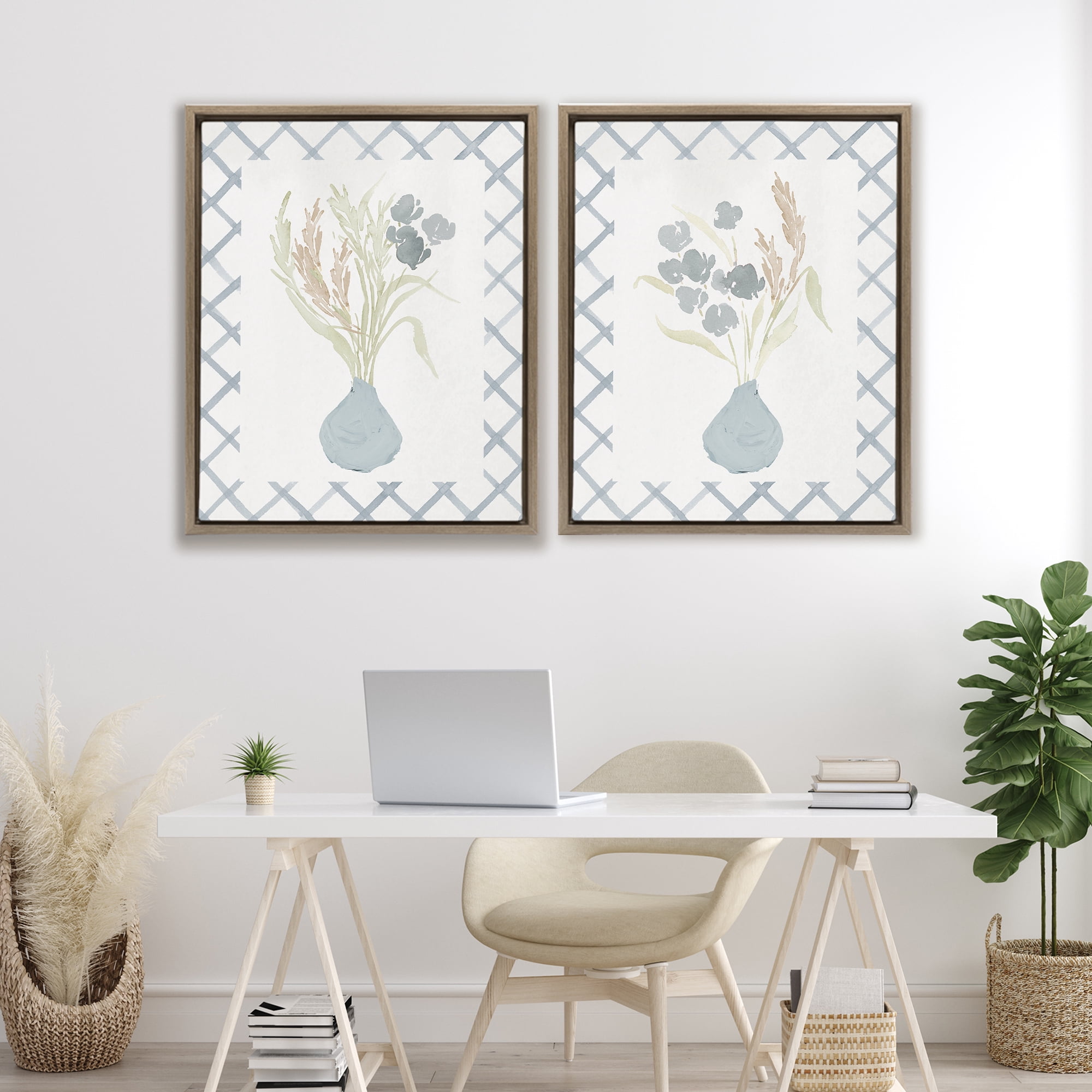 Stupell Industries Subtle Blue Anna Bouquets 2 Piece Brown Framed Floater Canvas Set, design by Lucille Price
