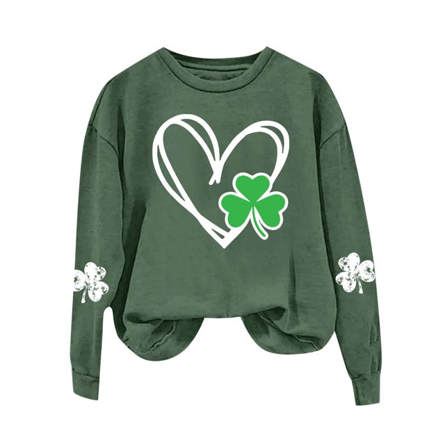 WEAIXIMIUNG Chandails en Molleton Courts pour Femmes Plus Femmes Jour de la Saint-Patrick Col Rond Manches Longues Jogging Chandail en Molleton Vert Imprimé Graphique Quatre Feuilles
