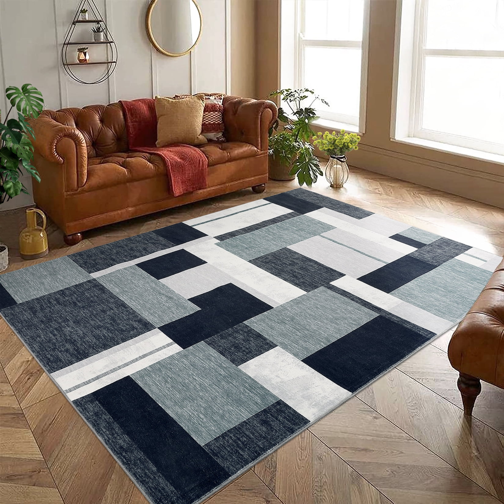 Hasoo 9' x 12' Large Area Rug Contemporary Patchwork Rug for Living Room Modern Geometric Print Rug Washable Low Pile Non-Slip Rug, Gray
