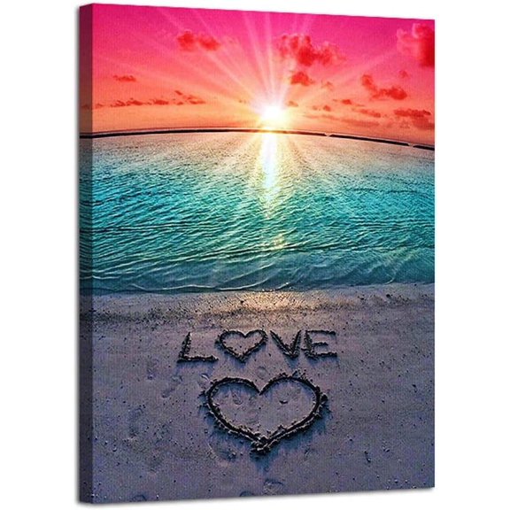 Beach Love Sunset Poster with Framed Print Canvas Painting Picture Wall Art for Home Decorations Wall Decor 12 x 16