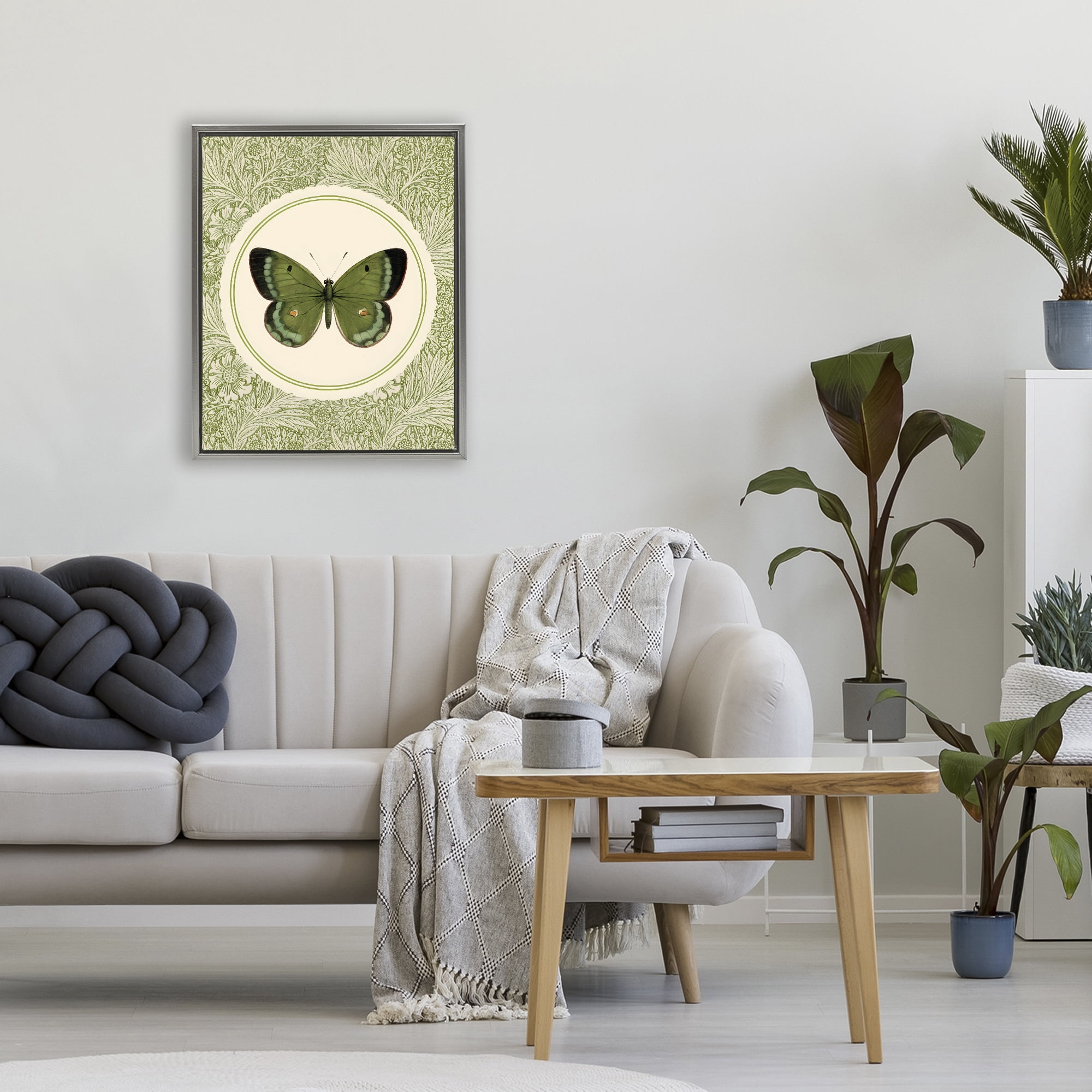 Stupell Industries Green Butterfly Botanical Medallion Gray Framed Floater Canvas Wall Art, design by LSR Design Studio