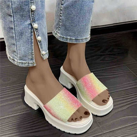 

Summer Savings Clearance 2023! TAGOLD Womens Slippers Wide Sandals for Women Women s Muffin Thick Sole Sandals Fashionable High Heels Slippers Rainbow Color Flip Flops