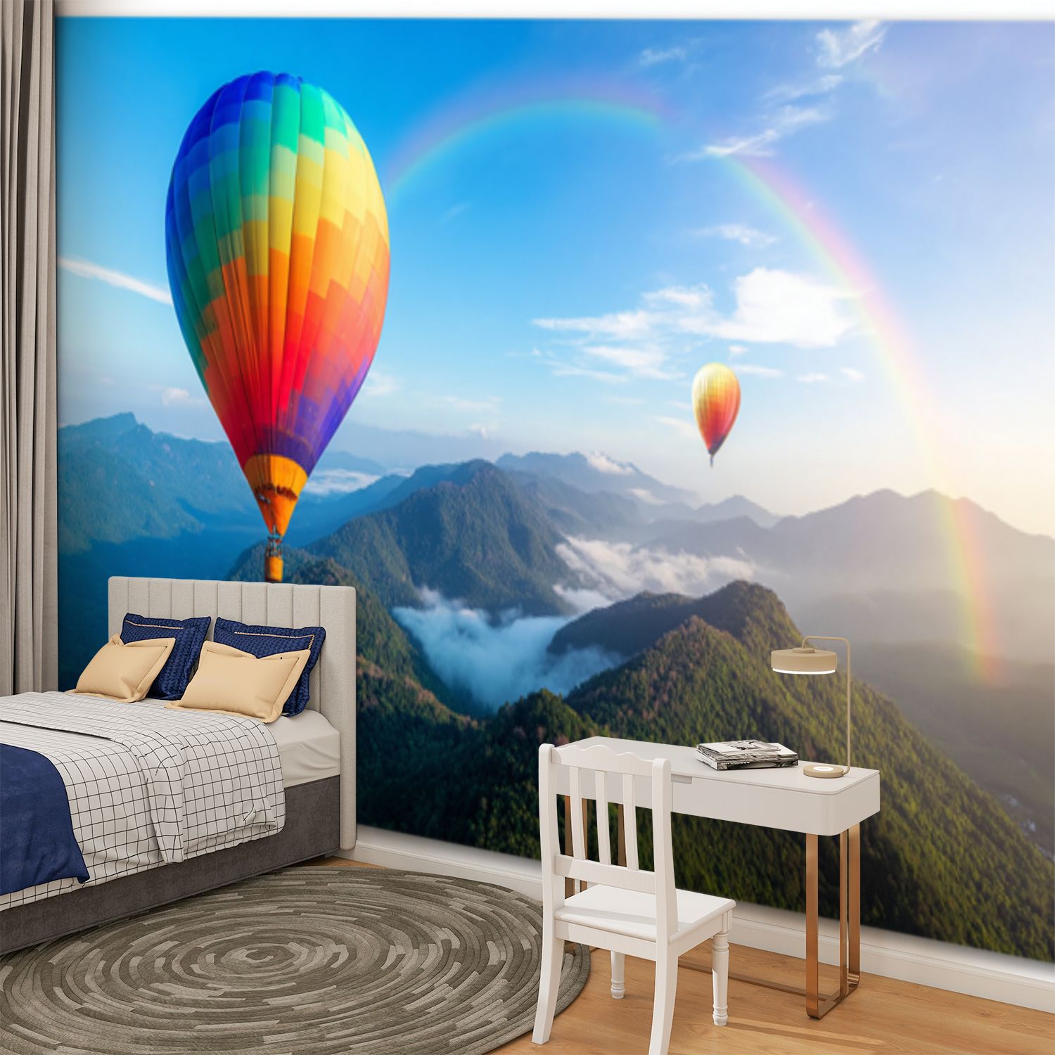 Peel and Stick Wallpaper Colorful Hot Air Balloons Floating Green Mountains Rainbow Blue Sky Modern Art Wall Mural Decor Self Adhesive and Removable 100in x 144in