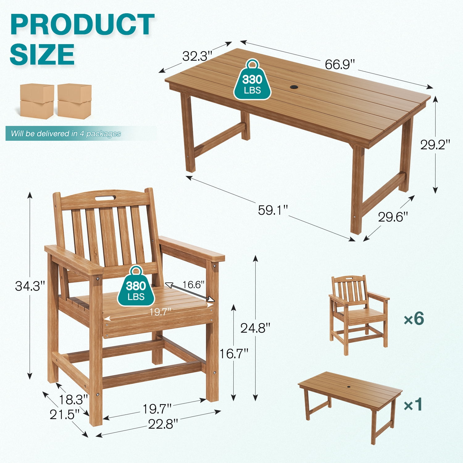 Erinnyees 7-Piece HDPE Outdoor Dining Set, 66.9" Marble Texture Patio Table with Umbrella Hole, and 6 All-Weather Chairs for Yard Deck Porch, Teak