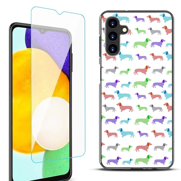 Slim-Fit Protective Fashion Phone Case (Black) for Samsung Galaxy A13 5G, with Tempered Glass Screen Protector, by OneToughShield ® - Colorful Dachshund/Puppy
