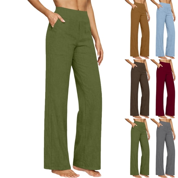 Lenago Women Spring Summer High WaistedCasual Solid Color Pockets Long Pants
