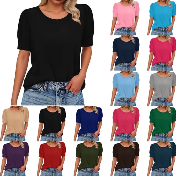 T Shirts for Women Basic Folded Short Sleeve Elastic Cuffs Round Neck Loose Tops Spring and Summer Crew Neck Tee Women's Top