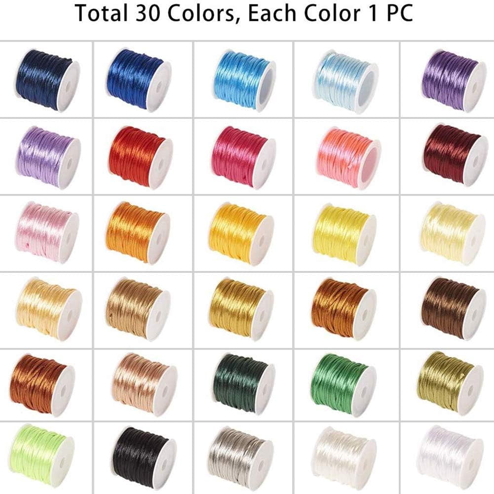 30 Rolls About 328 Yards Satin Nylon Jewellery Cord 2mm Rattail Chinese Knotting Cord Shamballa Macrame Thread Beading String Mixed Color for DIY Craft Making Kumihimo Friendship Bracelets