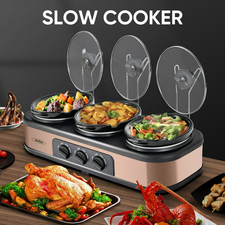 Triple Slow Cooker with 3 Spoons, 3 Pot 1.5 Quart Oval Crockpot Food Warmer  Buffet Server, Brown 