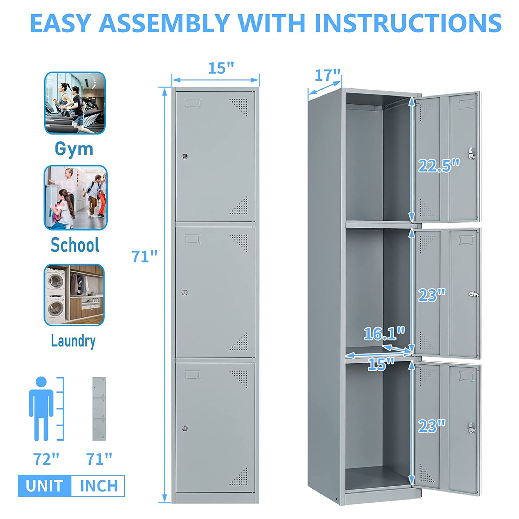 WISUNO 3 Door Vertical Stackable Storage Cabinet with Lock,Anti-Failing  Device, Metal Lcoker,Organizer for Office, Home, Gym, School,Employee,Kids.