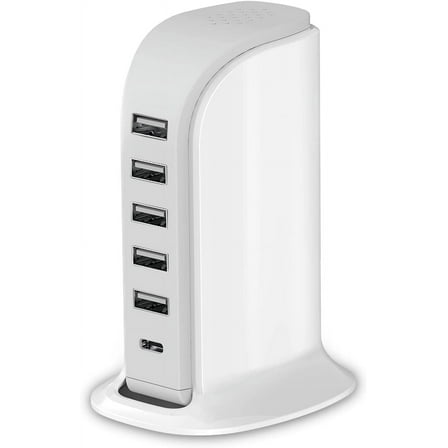 Charging Station For Multiple Devices 40W , Wall Charger Block 5 USB Ports(Shared 6A), Tower Charging Station with Type-C 3A for iPhone iPad Tablets Smartphones, Home Office Use, Travel Accessories
