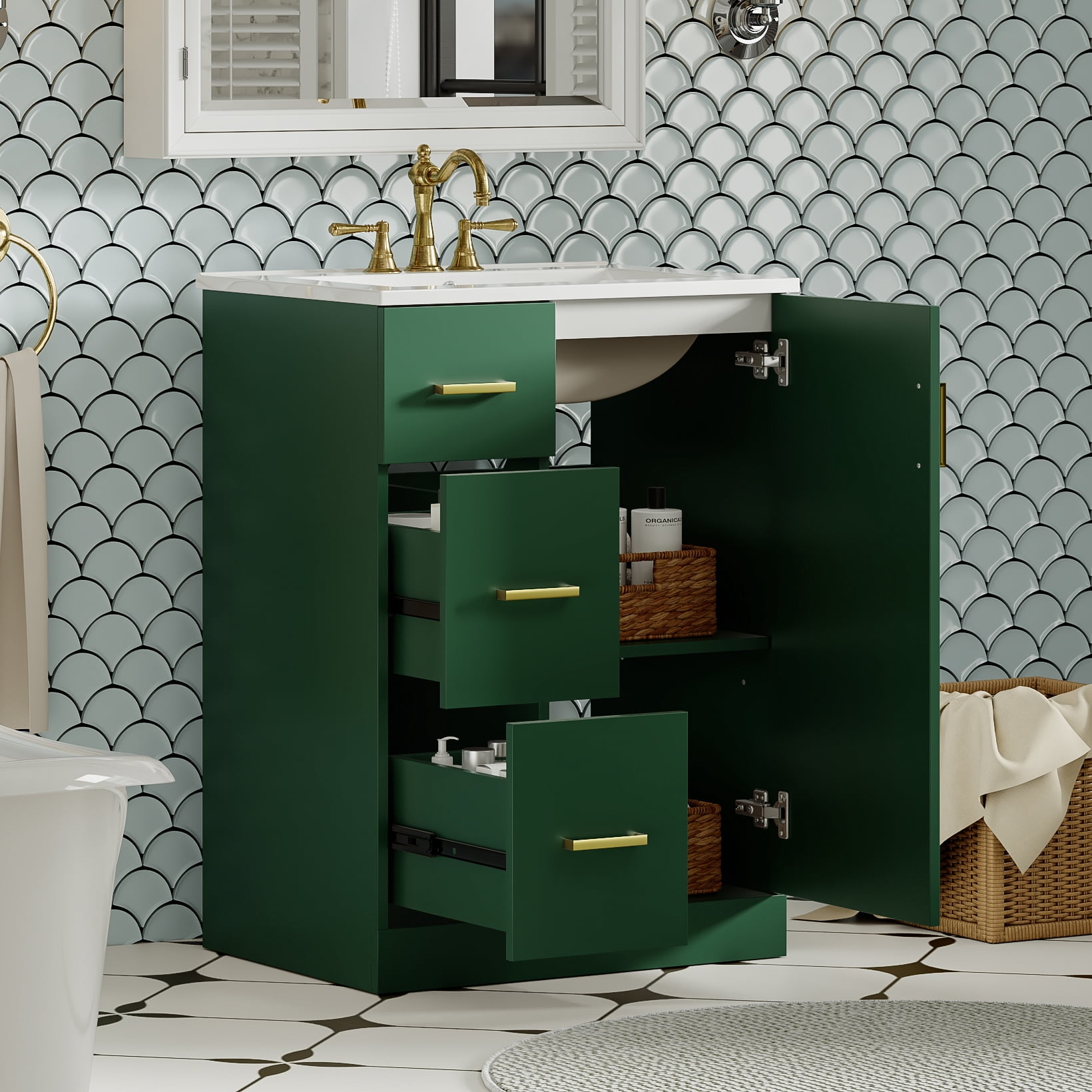 Euroco 24-Inch Bathroom Vanity with Vertical Fluted Design, Undermount Sink, Soft-Close Drawers & Door – Compact Storage Cabinet for Small Spaces