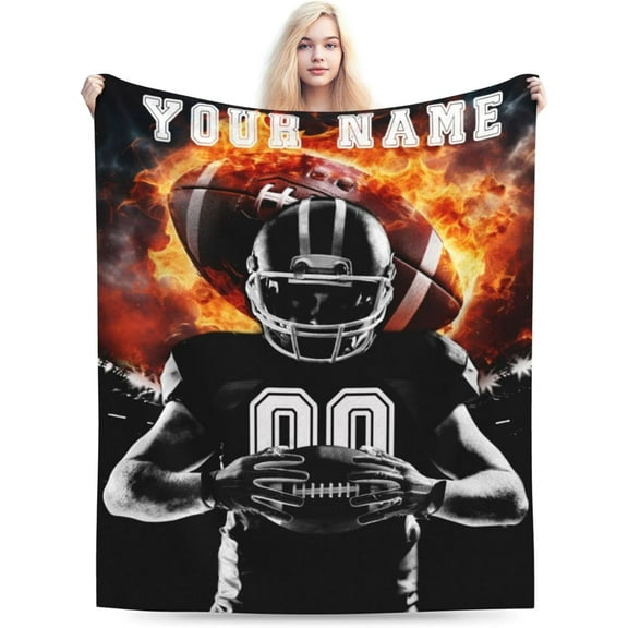 Custom Football Blanket with Name No. for Women Men, Personalized Cool Football Themed Design Printed Throw Blankets for Teens Adults Couch Bed, Giftable Blanket, 60"x 80"