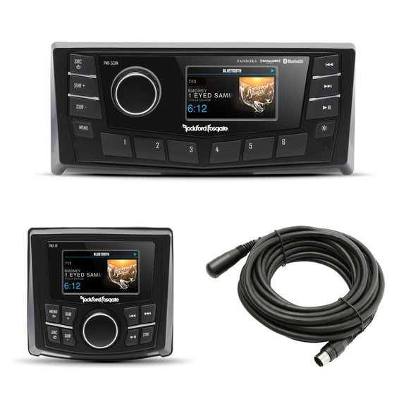 Rockford PMX-5CAN 2.7” Marine Wet Bonded Ipx6 Color Media Receiver, Nmea 2000, 2 Zone Control with PMX-1R Full Function Wired Remote & PMX25C 25 FT Extension Cable